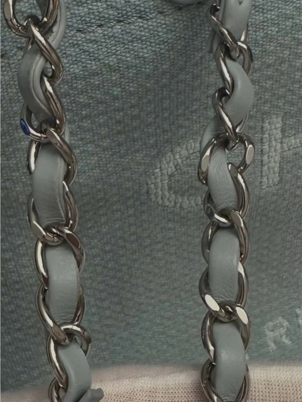 CHANEL Light Blue Canvas Tote with Chain-Strap Details